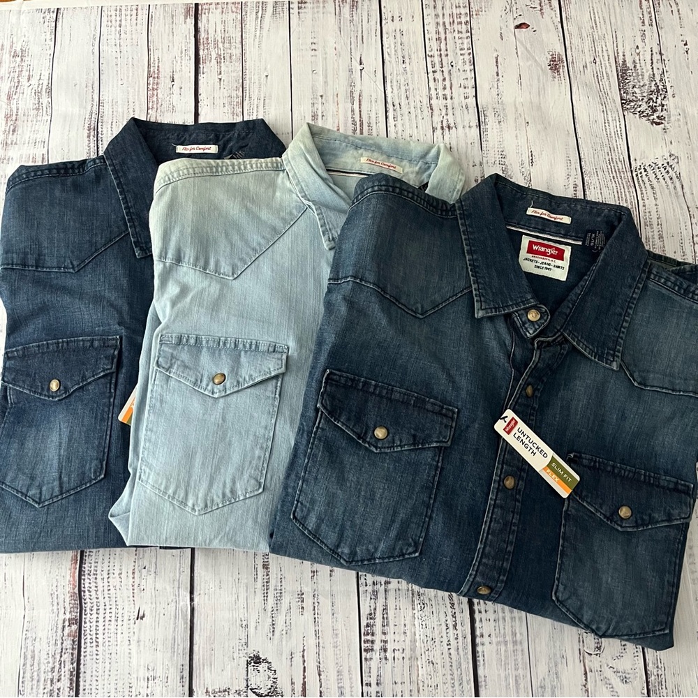 Wrangler Pearl Snap Slim Untuck Fit Long Sleeve Flex Denim Shirt Lot Western XL